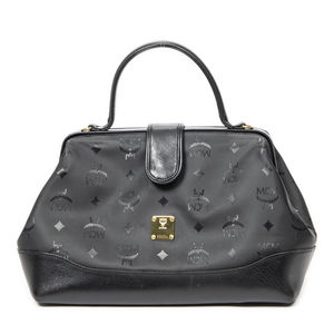 MCM Black Monogram Top-Handle Shoulder Bag with Gold Plaque